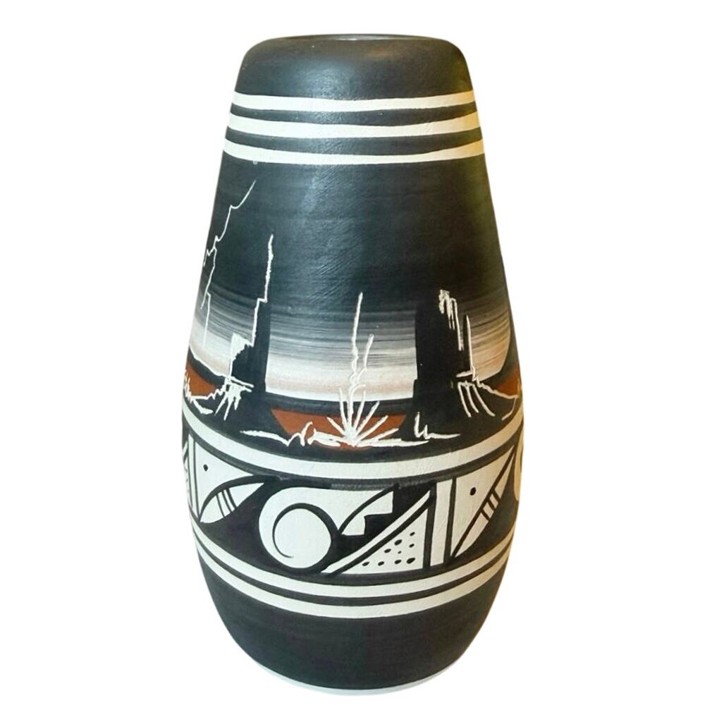Navajo Pottery Bud Vase • Signed Adakai • Mesa & Lightning • 6”